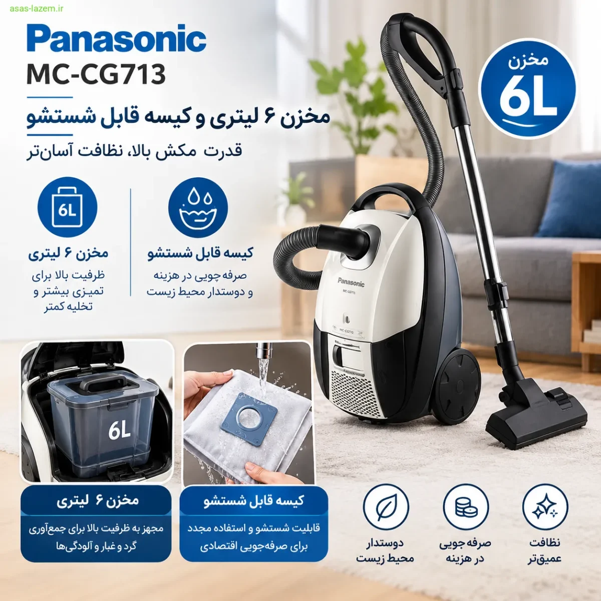 مخزن 6 لیتری و کیسه قابل شستشو جاروبرقی پاناسونیک MC-CG713