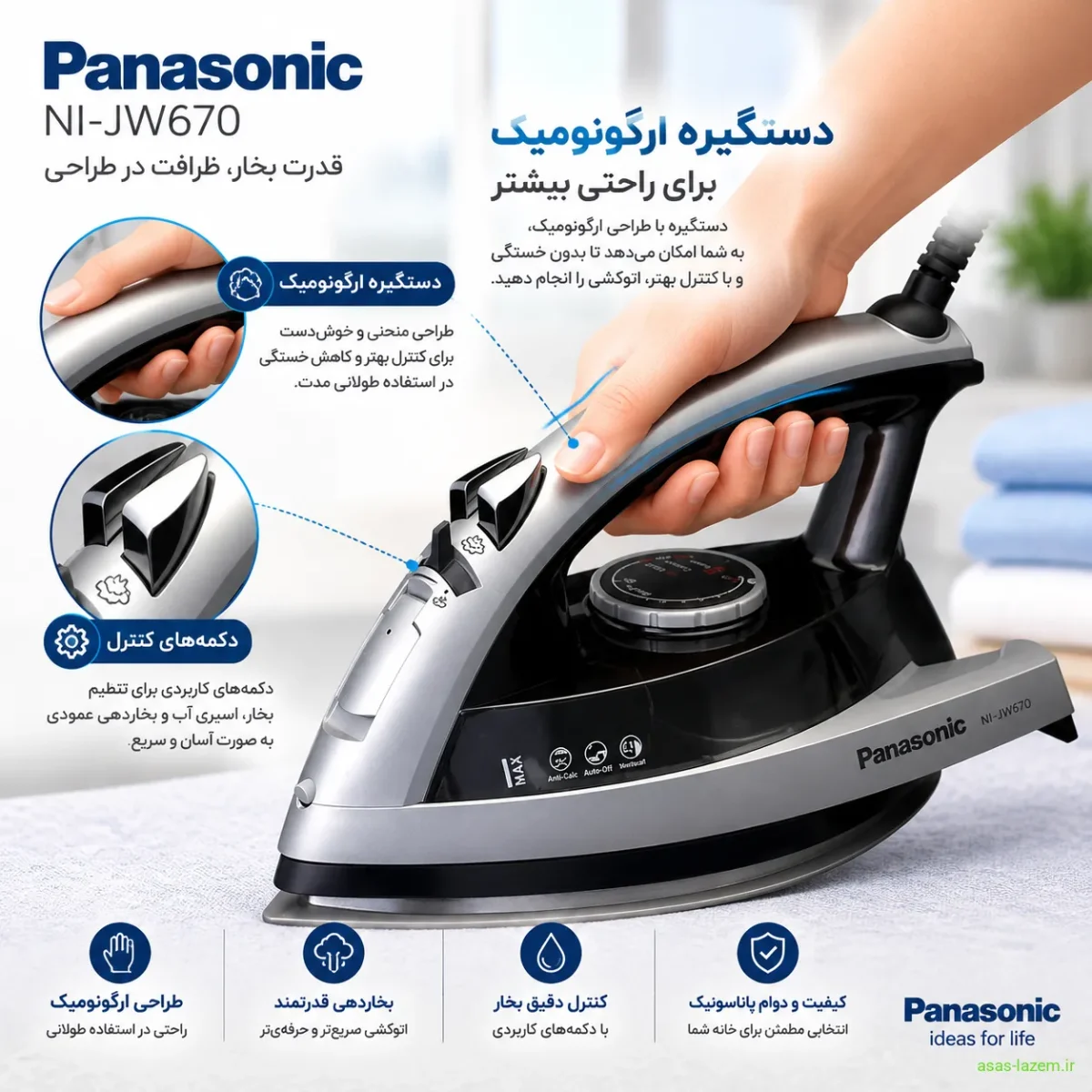 دستگیره ارگونومیک و کنترل آسان اتو پاناسونیک NI-JW670 دستگیره ارگونومیک و دکمههای کنترل اتو بخار پاناسونیک NI-JW670