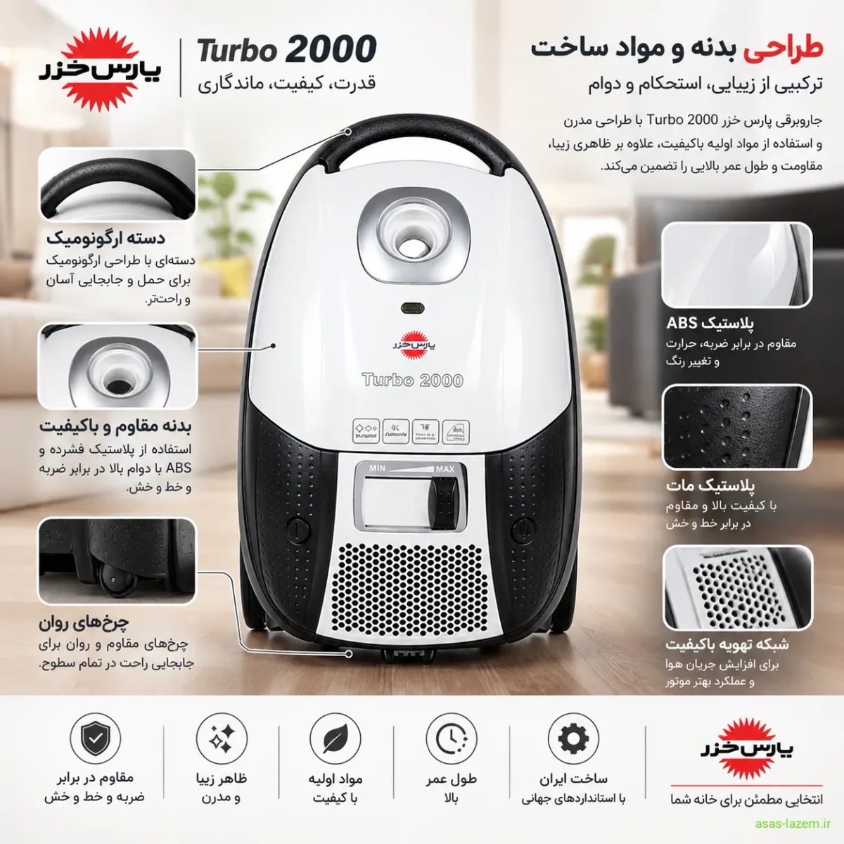 طراحی بدنه و مواد ساخت جاروبرقی پارس خزر Turbo 2000