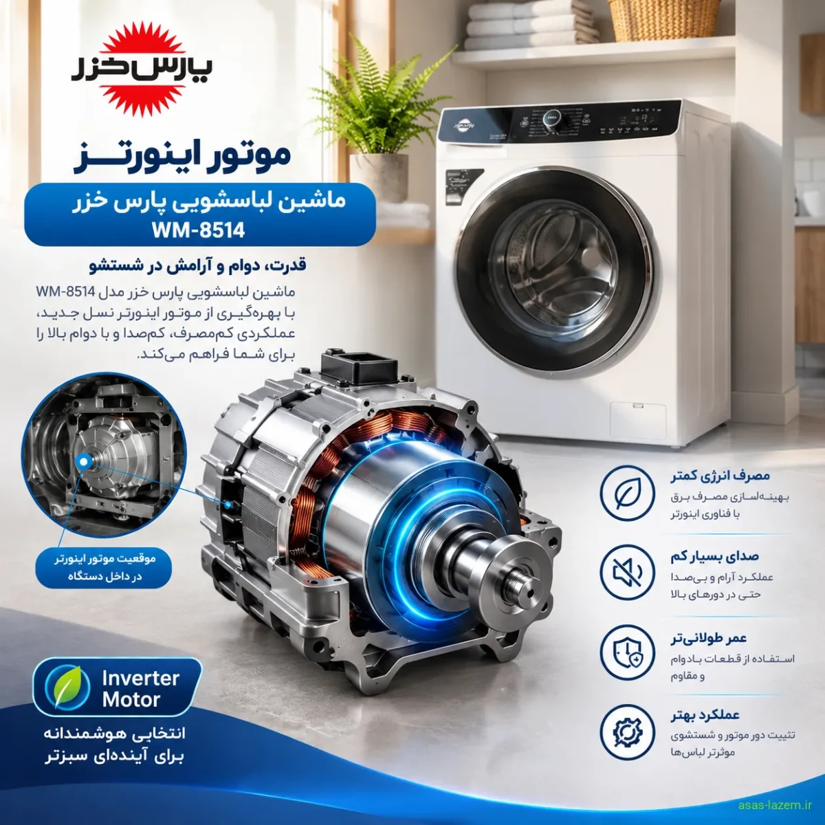 موتور اینورتر ماشین لباسشویی پارس خزر WM-8514