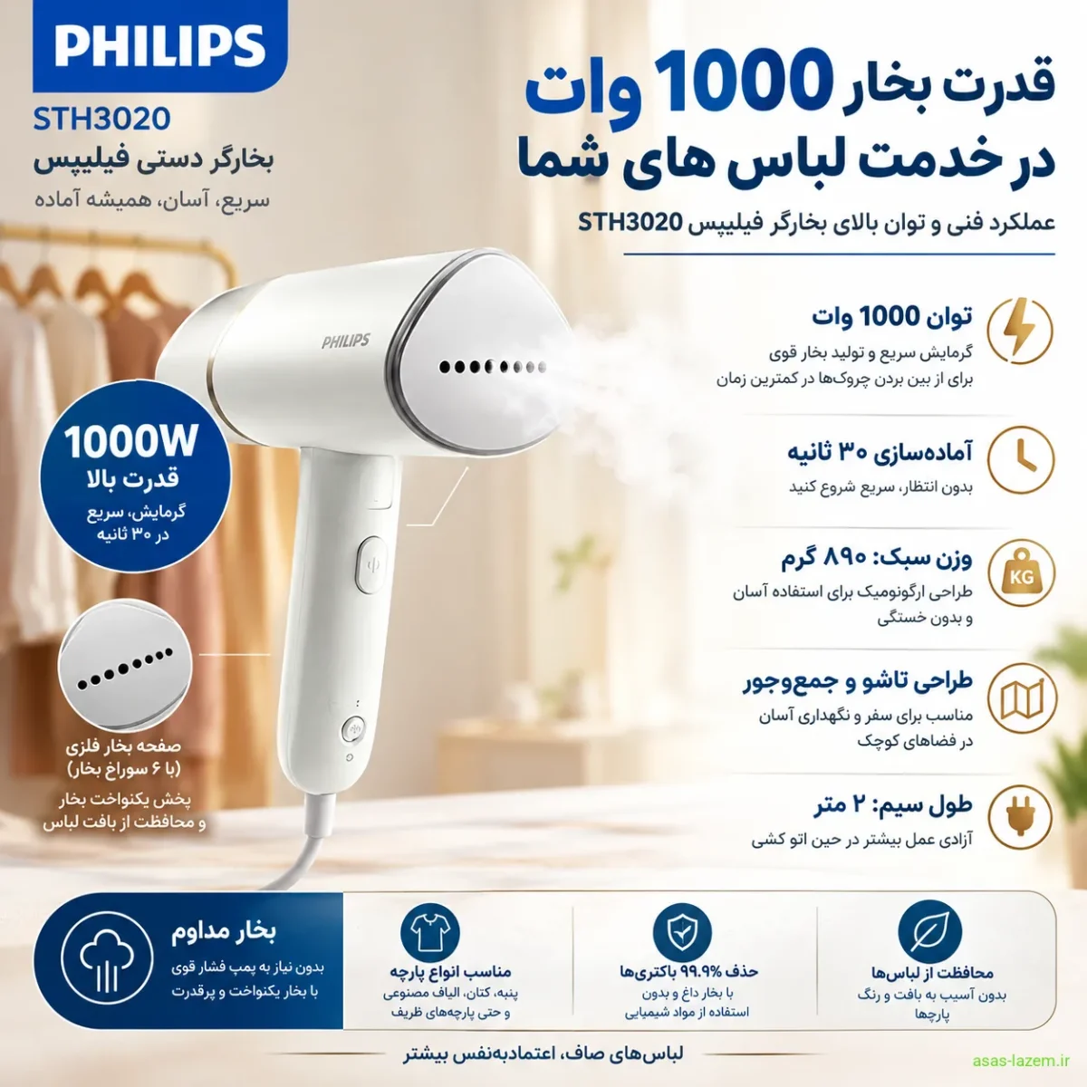 عملکرد فنی و توان ۱۰۰۰ وات بخارگر فیلیپس STH3020