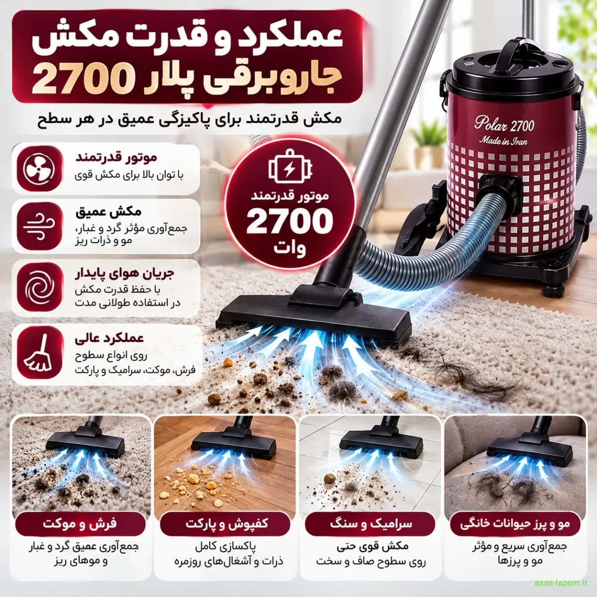عملکرد و قدرت مکش جاروبرقی پلار 2700