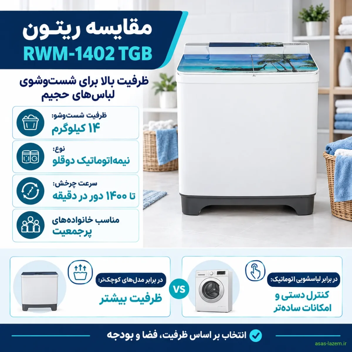 مقایسه ماشین لباسشویی نیمه اتوماتیک ریتون RWM-1402 TGB با مدل‌های مشابه