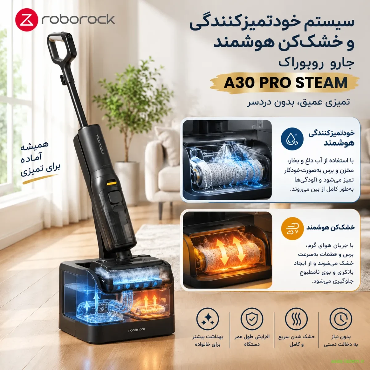 سیستم خودتمیزکنندگی و خشک‌کن هوشمند جارو روبوراک A30 پرو STEAM