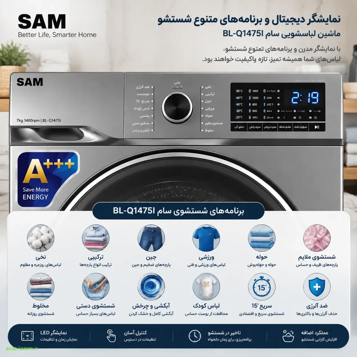 نمایشگر و برنامه‌های شستشوی ماشین لباسشویی سام BL-Q1475I