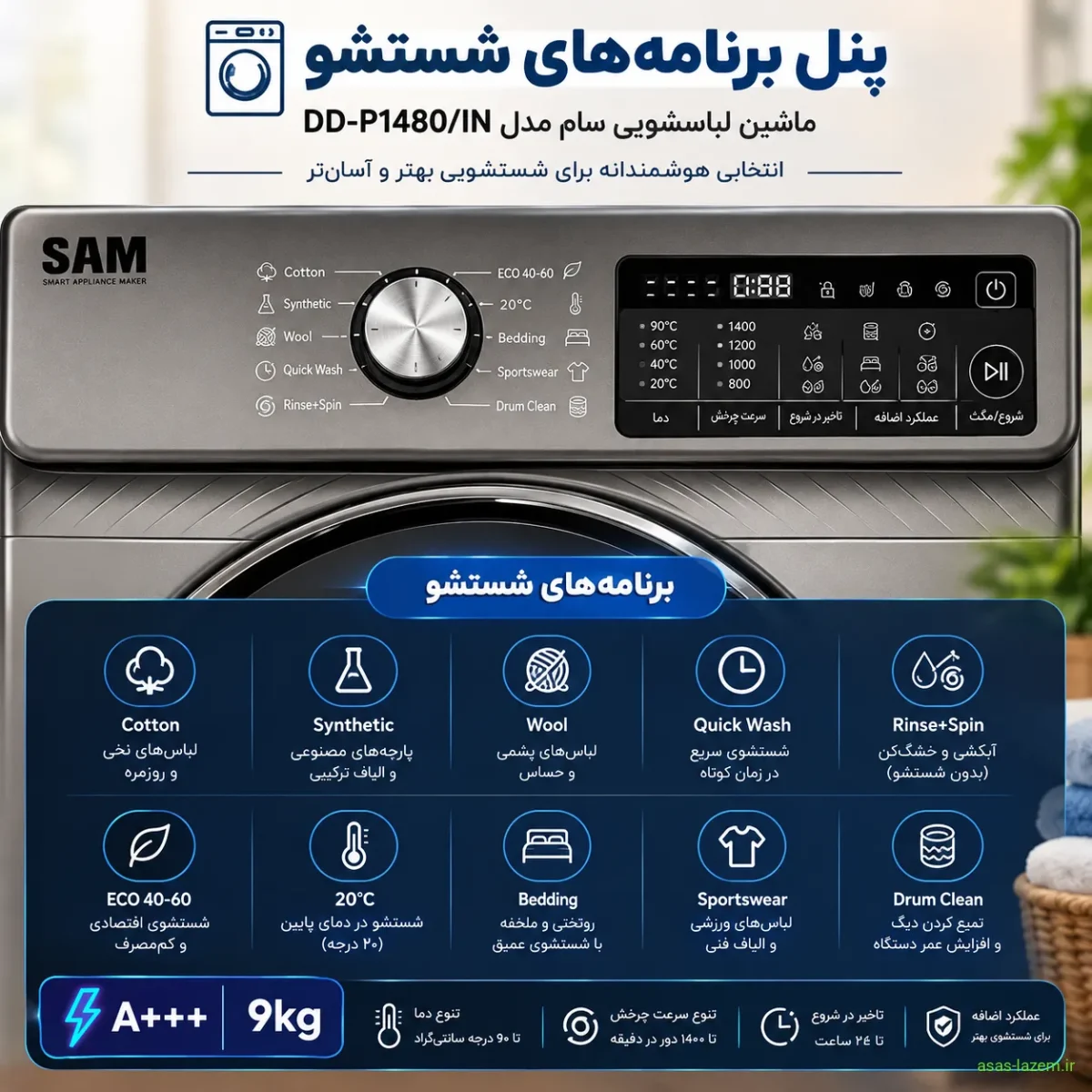 پنل برنامه‌های شستشو ماشین لباسشویی سام DD-P1480/IN