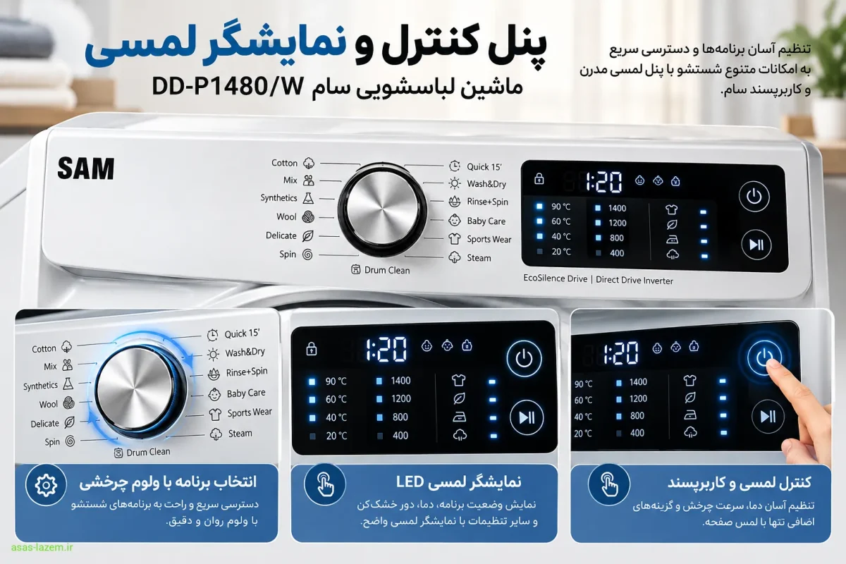 پنل کنترل و نمایشگر لمسی ماشین لباسشویی سام DD-P1480/W