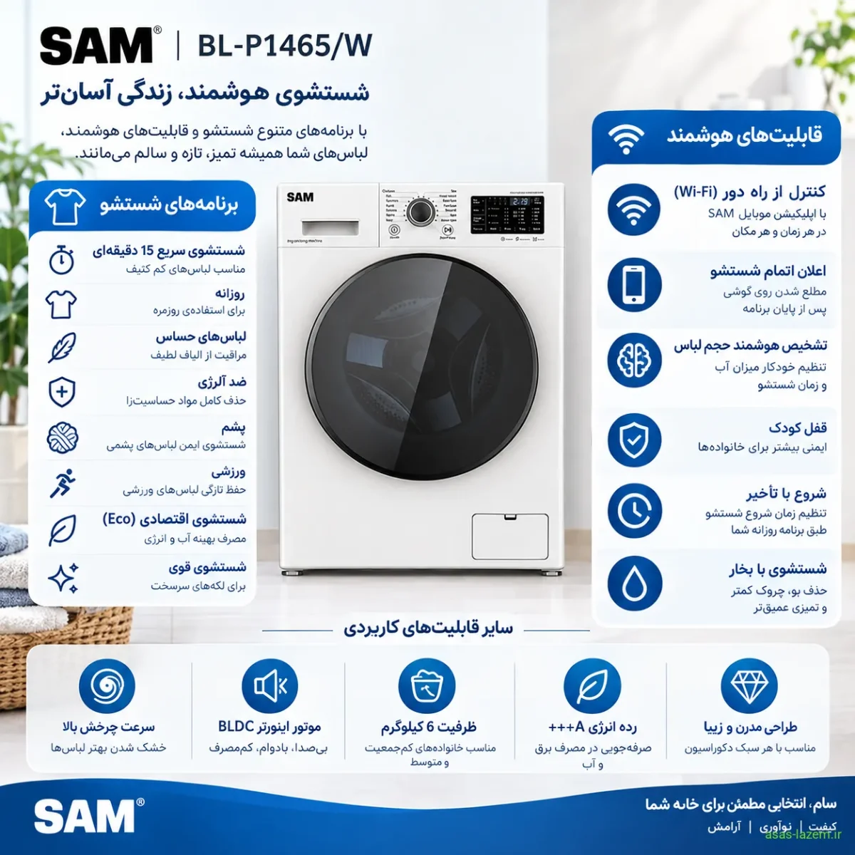 برنامه‌های شستشو و قابلیت‌های هوشمند ماشین لباسشویی سام BL-P1465/W