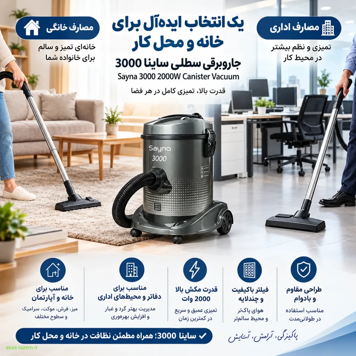 کاربردهای جاروبرقی سطلی ساینا 3000 در فضاهای مختلف استفاده از جاروبرقی ساینا 3000 در مصارف خانگی و اداری