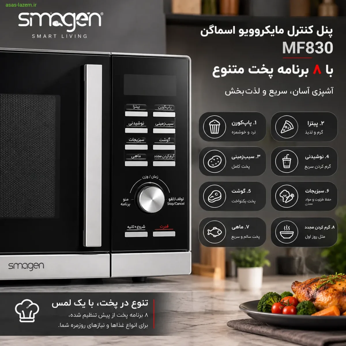 پنل کنترل مایکروویو اسماگن MF830 با ۸ برنامه پخت