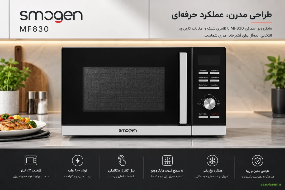 نمای جلوی مایکروویو اسماگن MF830 با طراحی مدرن