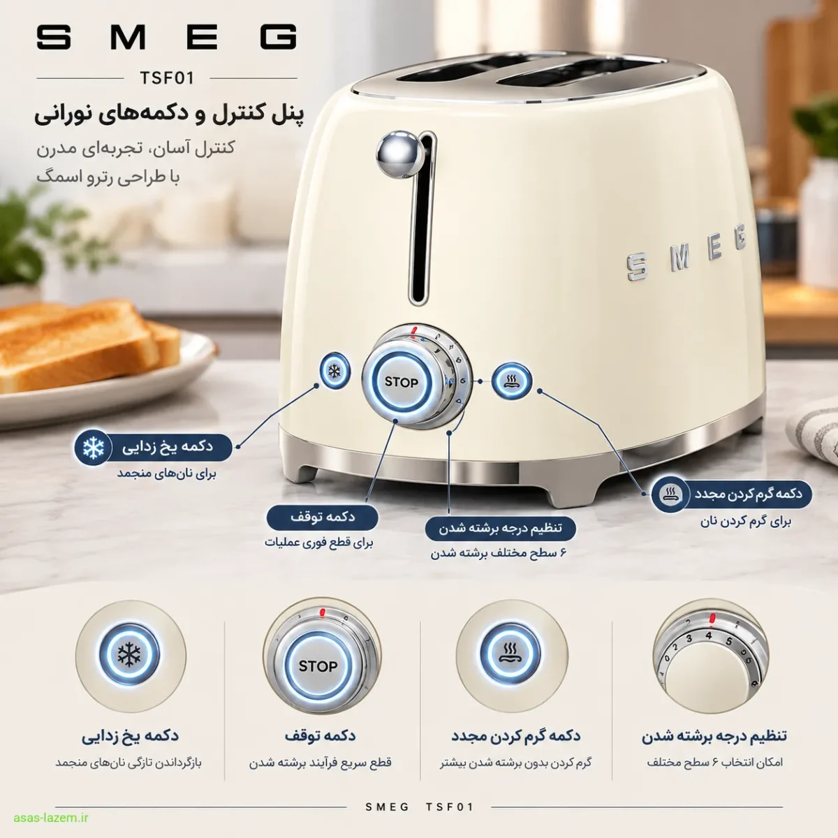 پنل کنترل و دکمه‌های نورانی توستر اسمگ SMEG TSF01