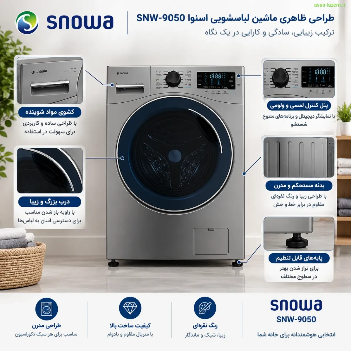 طراحی ظاهری ماشین لباسشویی اسنوا SNW-9050