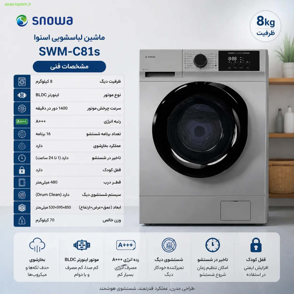 مشخصات فنی ماشین لباسشویی اسنوا SWM-C81s