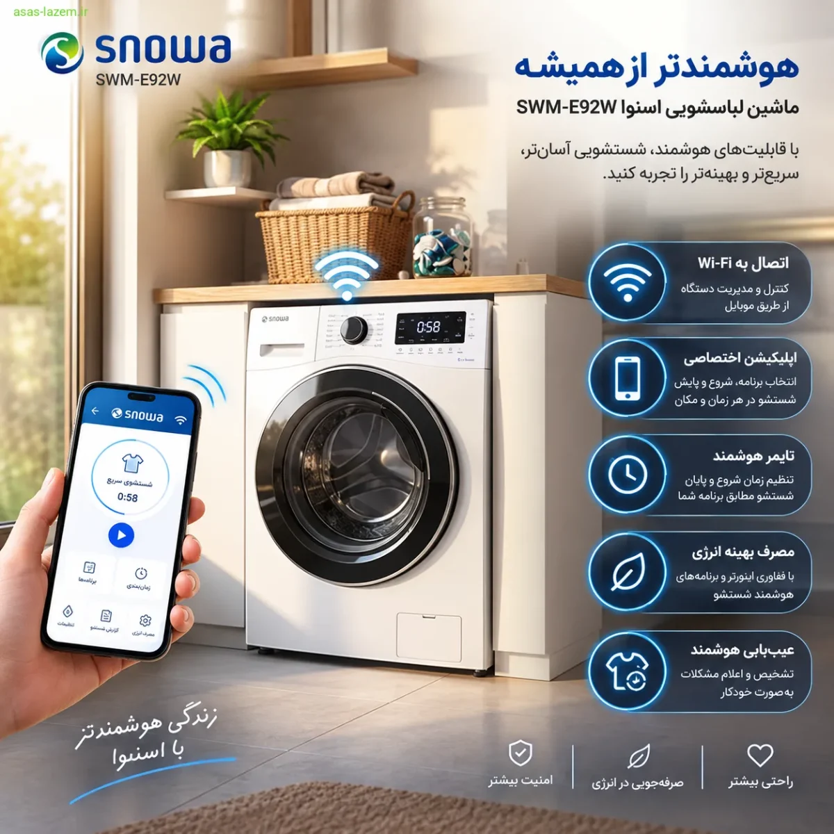 قابلیت‌های هوشمند ماشین لباسشویی اسنوا SWM-E92W