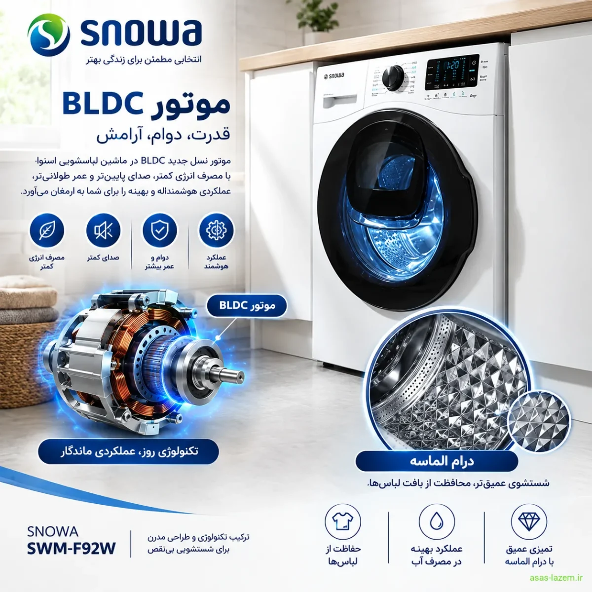 موتور BLDC و درام الماسه ماشین لباسشویی اسنوا SWM-F92W