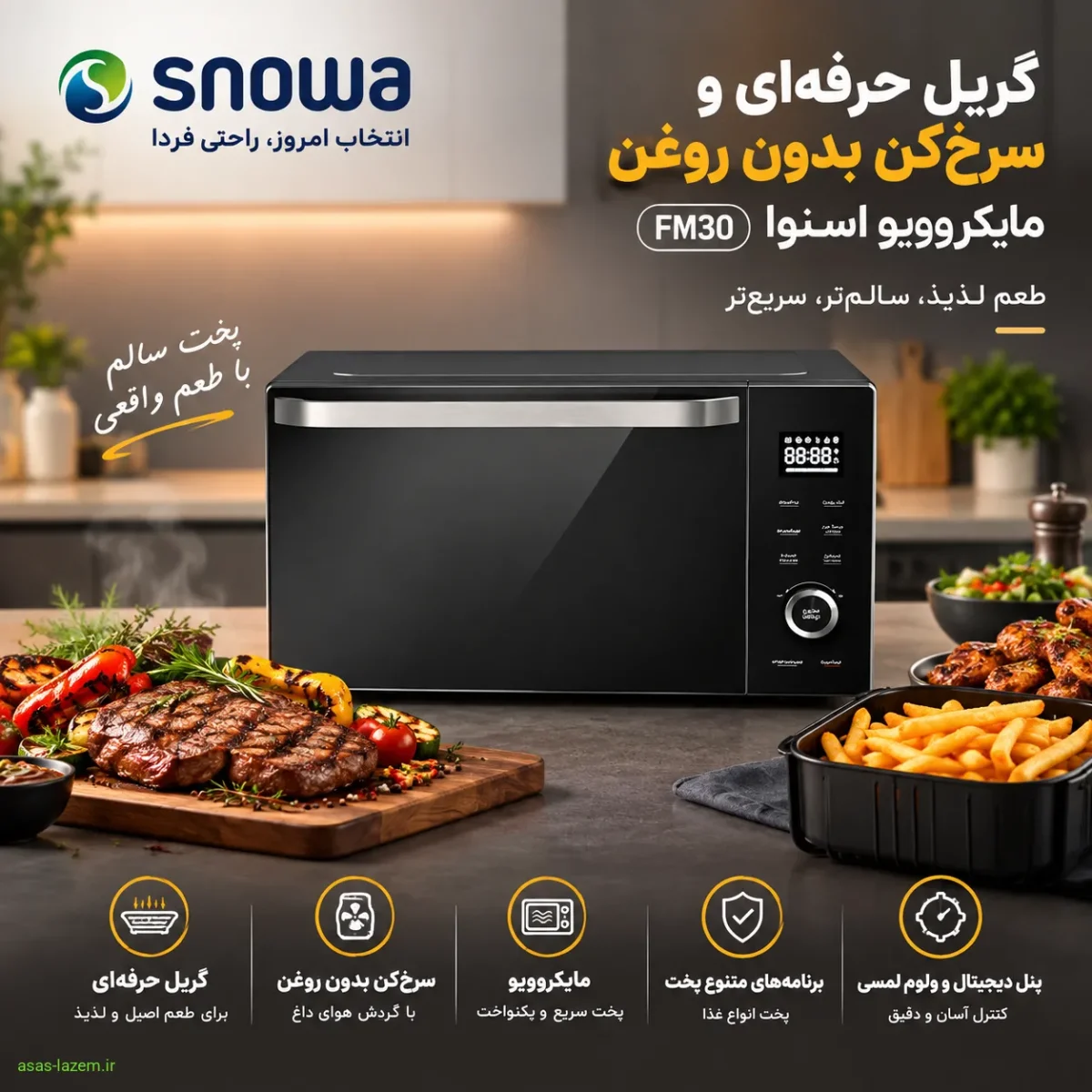 گریل حرفه‌ای و سرخ‌کن بدون روغن مایکروویو اسنوا FM30
