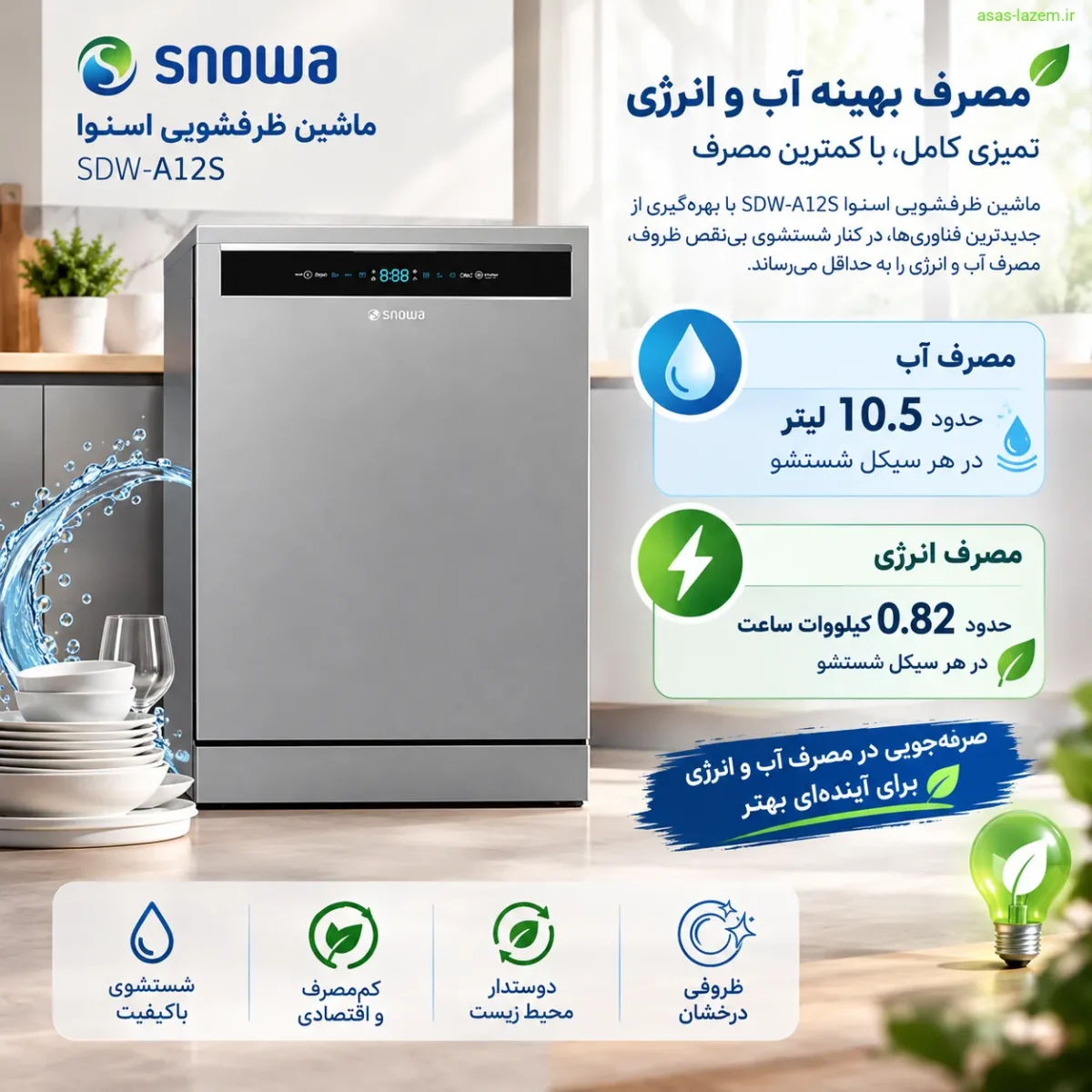 مصرف آب و انرژی ماشین ظرفشویی اسنوا SDW-A12S