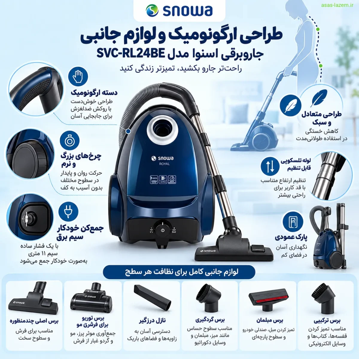 طراحی ارگونومیک و لوازم جانبی جاروبرقی اسنوا SVC-RL24BE