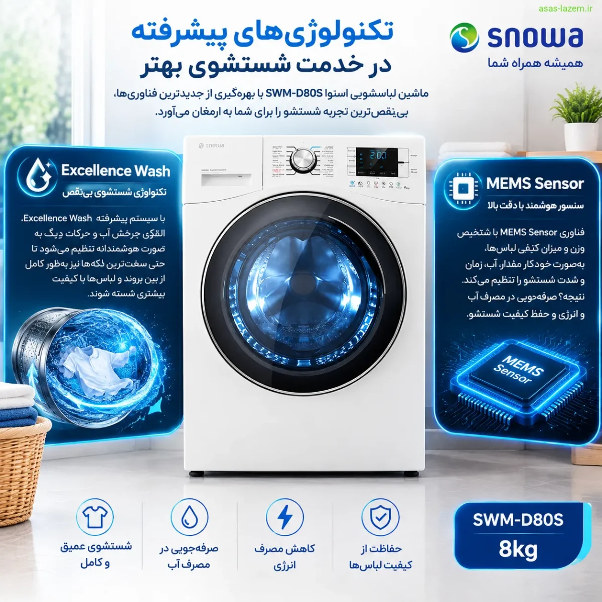 تکنولوژی‌های پیشرفته ماشین لباسشویی اسنوا SWM-D80S مانند Excellence Wash و MEMS Sensor