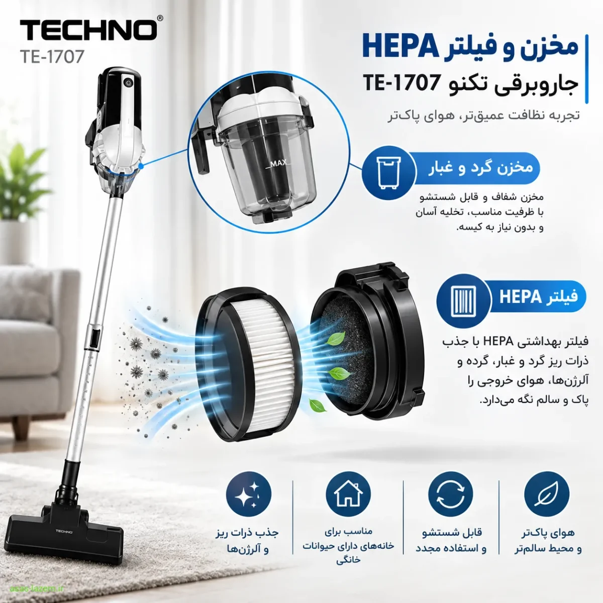 مخزن و فیلتر HEPA جاروبرقی تکنو TE-1707