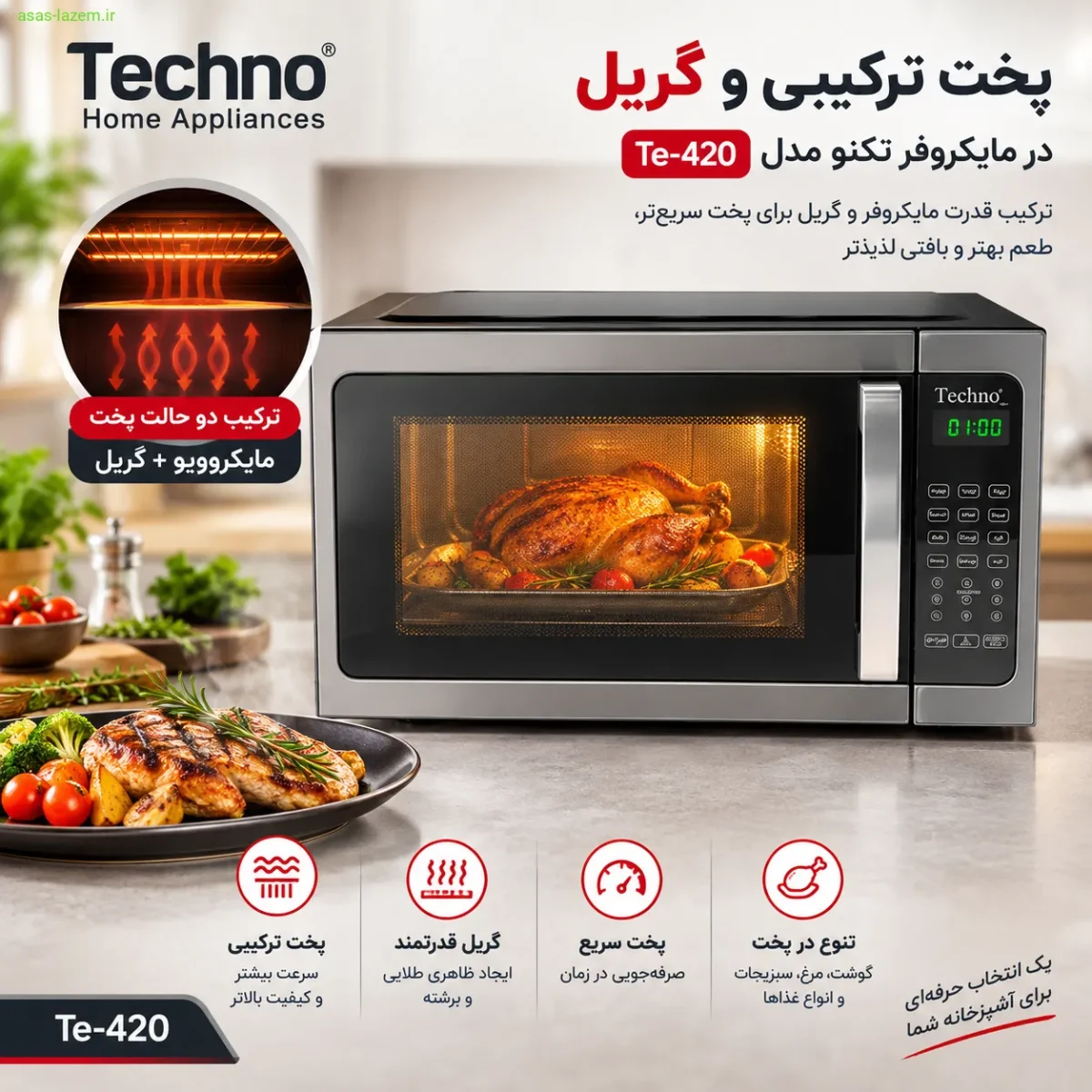 پخت ترکیبی و گریل در مایکروفر تکنو Te-420