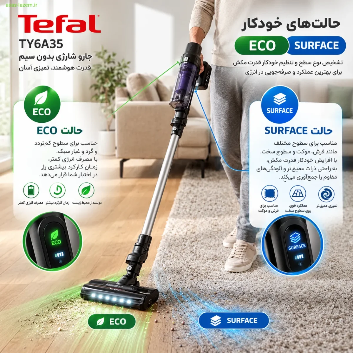 حالت‌های خودکار ECO و SURFACE جارو شارژی تفال TY6A35
