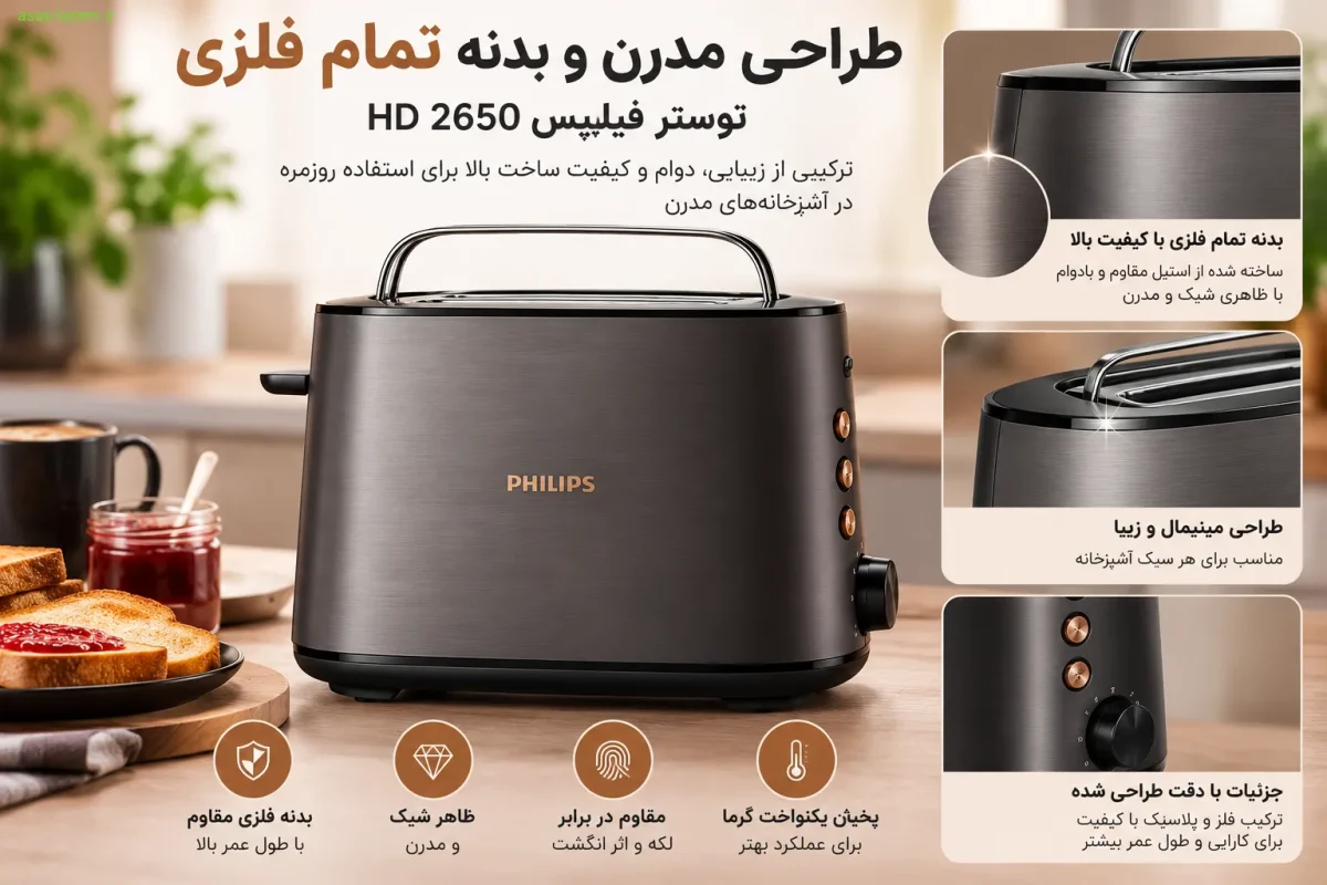 طراحی و بدنه تمام فلزی توستر فیلیپس HD 2650