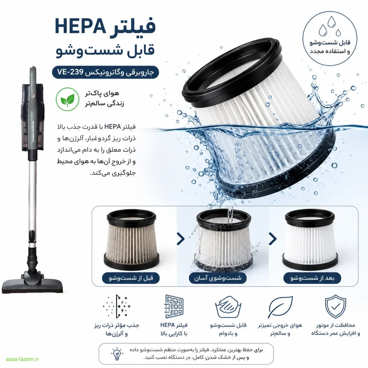 فیلتر HEPA و مخزن بدون کیسه جاروبرقی وگاترونیکس VE-239 فیلتر HEPA قابل شستوشو جاروبرقی وگاترونیکس VE-239