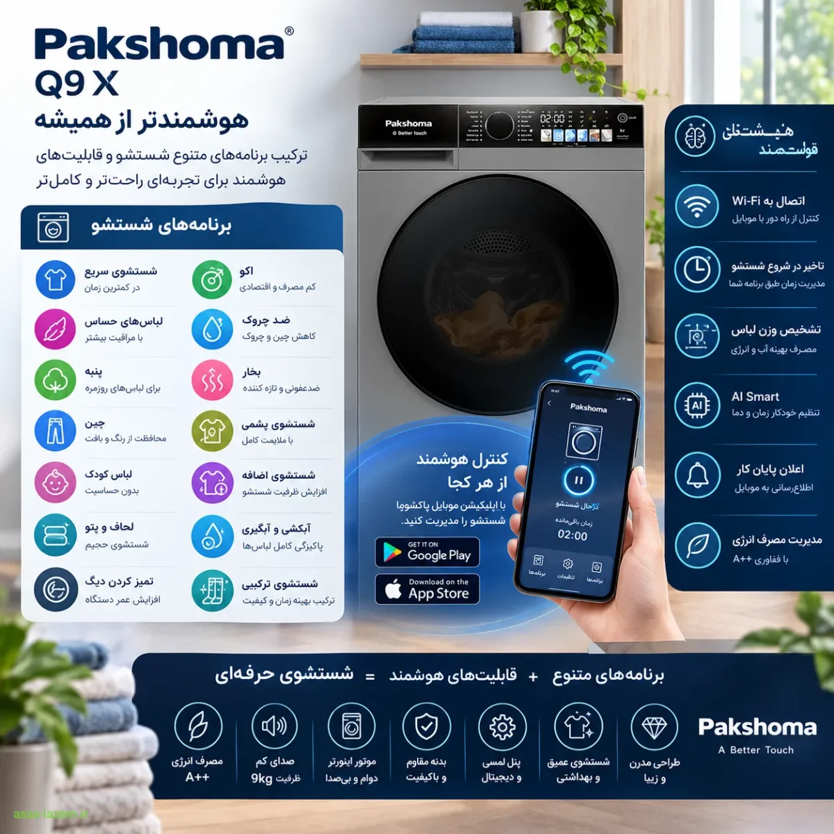 برنامه‌های شستشو و قابلیت‌های هوشمند ماشین لباسشویی پاکشوما Q9 X