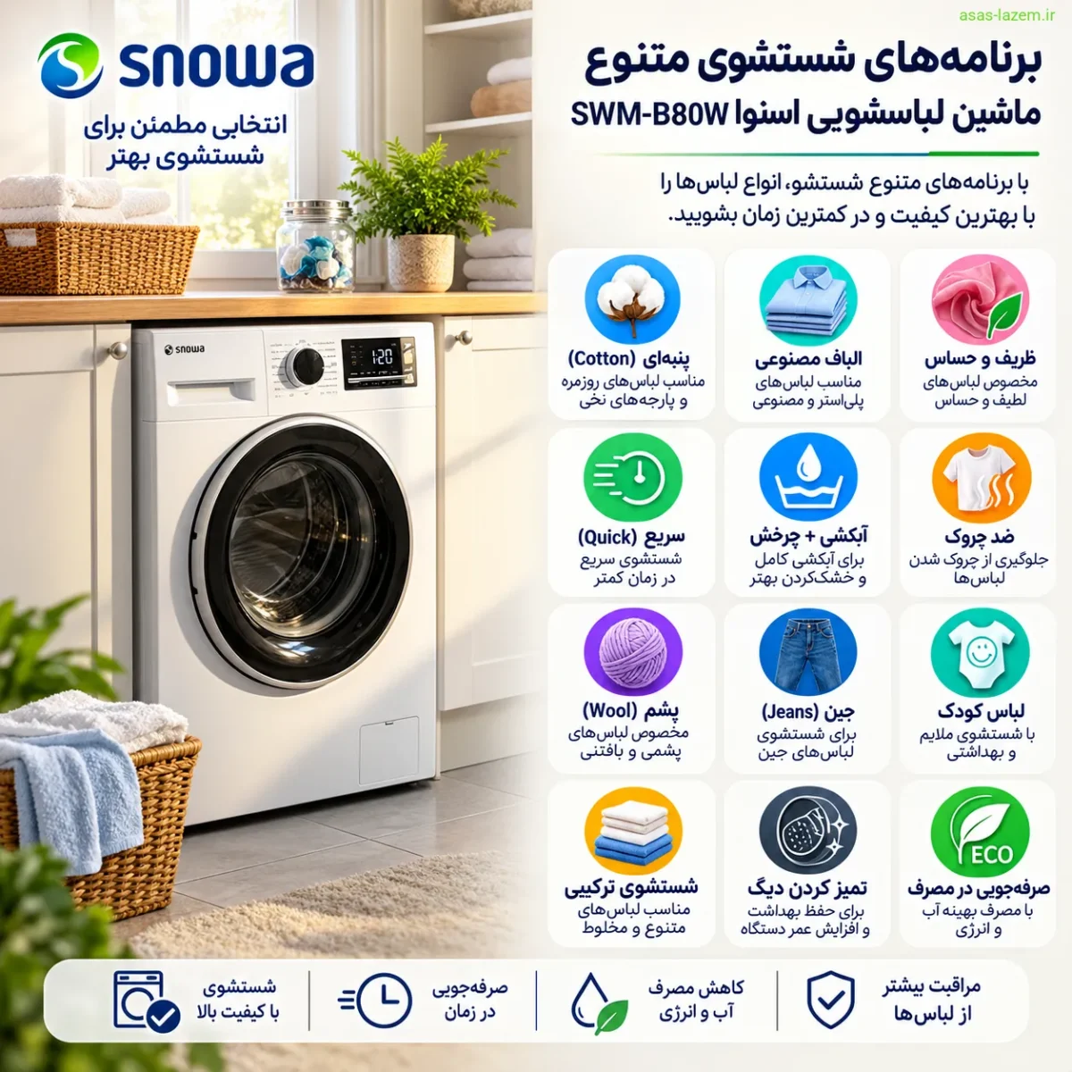 برنامه‌های شستشوی متنوع ماشین لباسشویی اسنوا SWM-B80W