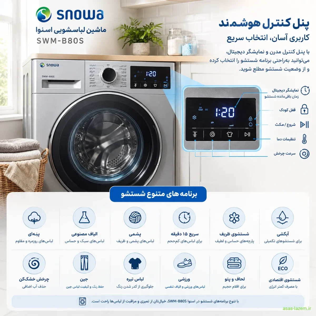 پنل و برنامه‌های شستشوی ماشین لباسشویی اسنوا SWM-B80S