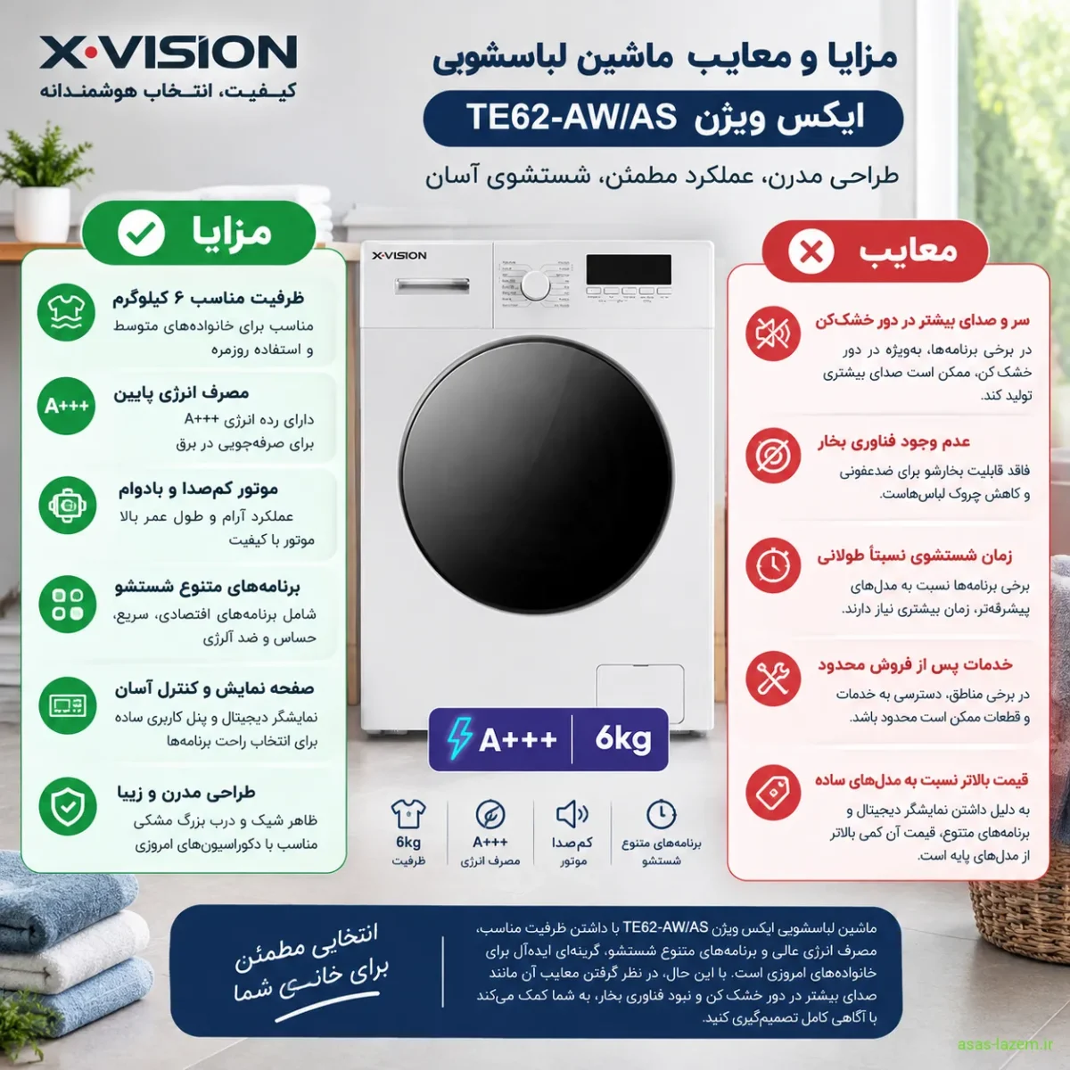 مزایا و معایب ماشین لباسشویی ایکس ویژن TE62-AW/AS