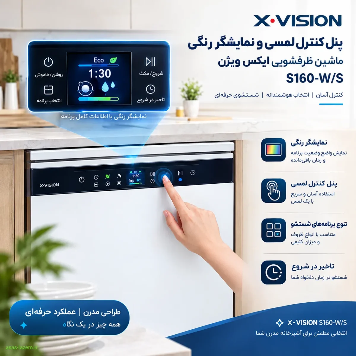 پنل کنترل لمسی و نمایشگر رنگی ماشین ظرفشویی ایکس ویژن S160-W/S